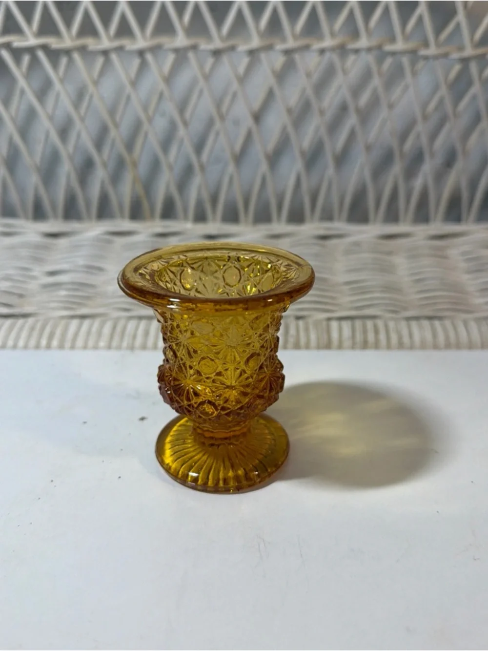 VTG Fenton Amber Glass Pedestal Vase Toothpick Holder Daisy Button Design